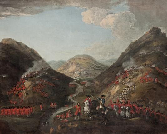 The Battle of Glenshiel 1719. Figures probably include Lord George Murray, c 1700 - 1760; Rob Roy MacGregor, 1671 - 1734; and General Joseph Wightman, d. 1722