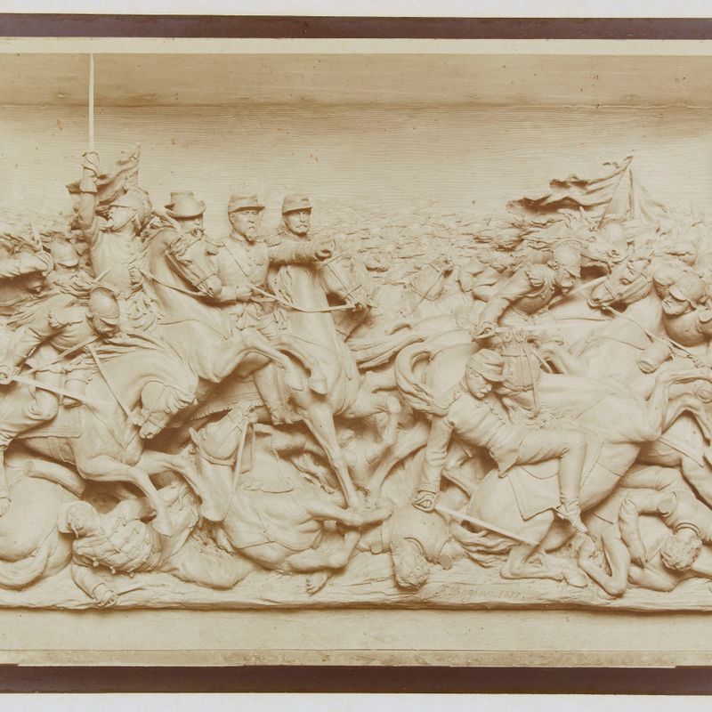 Haut-relief en bronze commémorant la guerre de 1870, scène de cavalerie, d'après le sculpteur Bogino