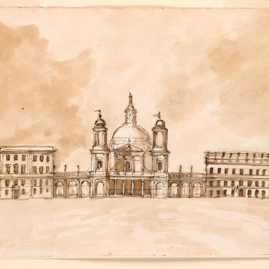Elevation of a Church Flanked by Two Houses