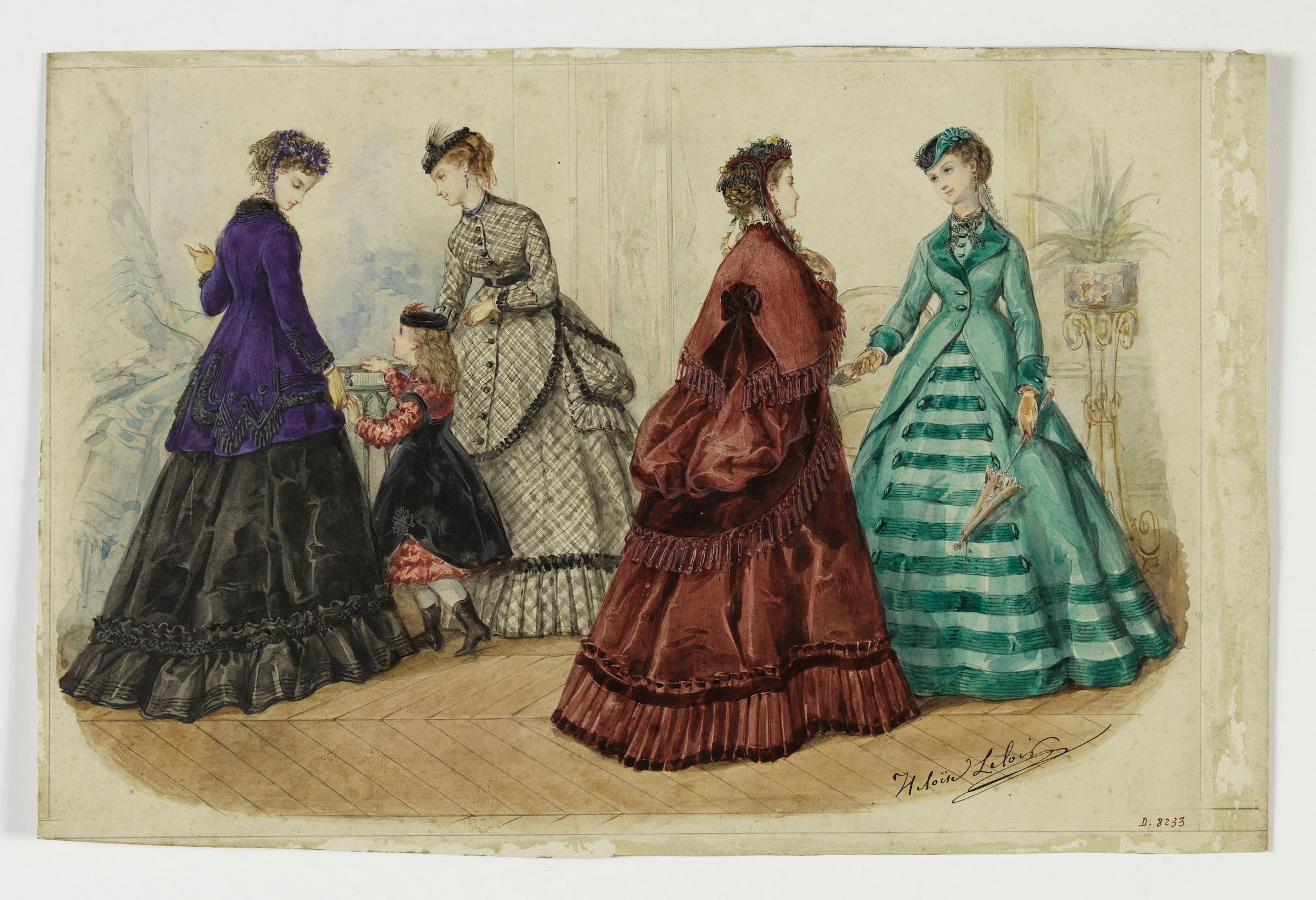 Quatre femmes en toilette de sortie et une fillette en robe rouge et noire dans un intérieur, Fonds d’archives graphiques de Maurice Leloir