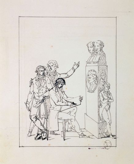 Hommes dont un dessinant auprès d'un monument à Denon, Gauté et Boichot
