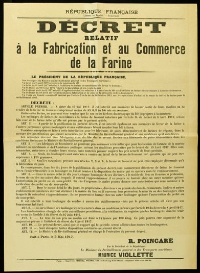REPUBLIQUE FRANCAISE/ Liberté - Egalité - Fraternité/ DECRET/ RELATIF/ à la Fabrication et au Commerce/ de la Farine