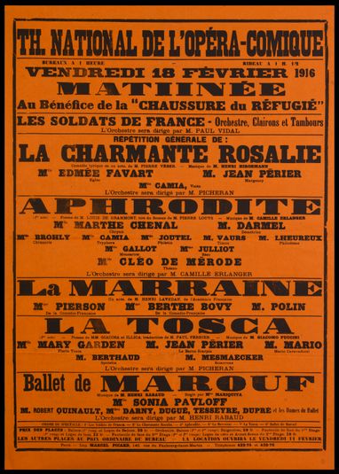 TH. NATIONAL DE L'OPERA-COMIQUE/ BUREAUX A 1 HEURE./ RIDEAU A 1 H. 1/2/ VENDREDI 18 FEVRIER 1916/ MATINEE/ Au Bénéfice de la " CHAUSSURE du REFUGIE "