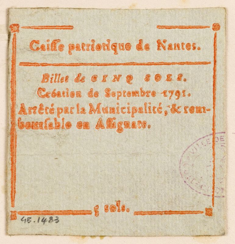 Billet de 5 sols, caisse patriotique de Nantes, septembre 1791