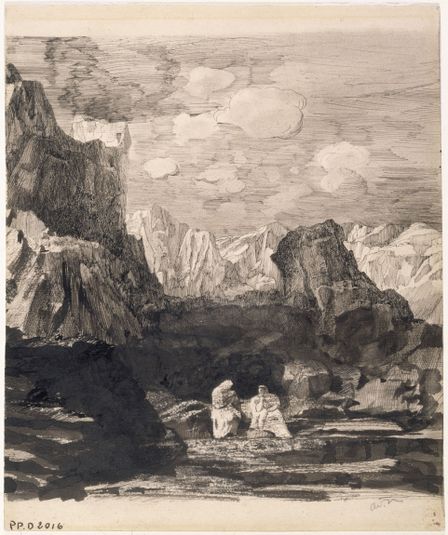 Deux personnages drapés dans un paysage de montagne rocheux