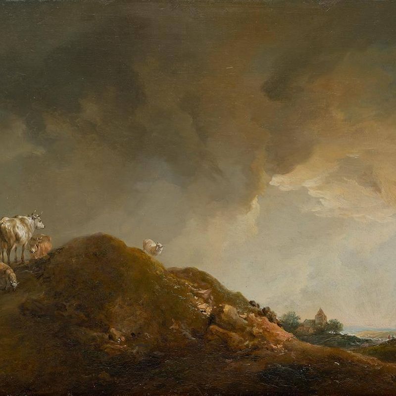 Hilly Landscape with Cows and Sheep