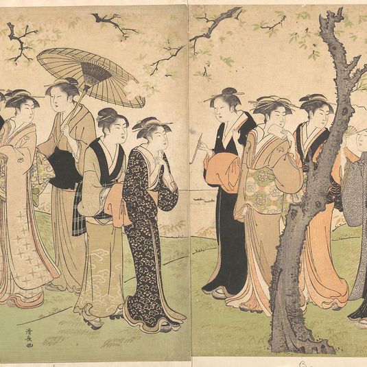 Group of Six Geisha Under the Cherry Trees on Gotenyama