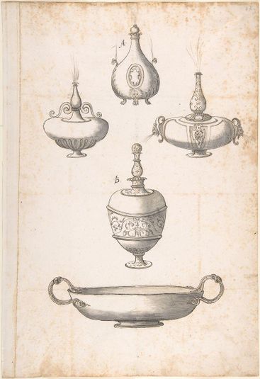 Design for Shallow Two Handled Dish and Four Perfume Bottles