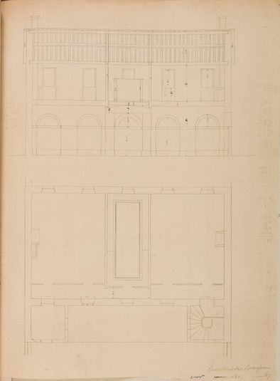 Hôpital Beaujon : coupe et plan de la buanderie (1824)