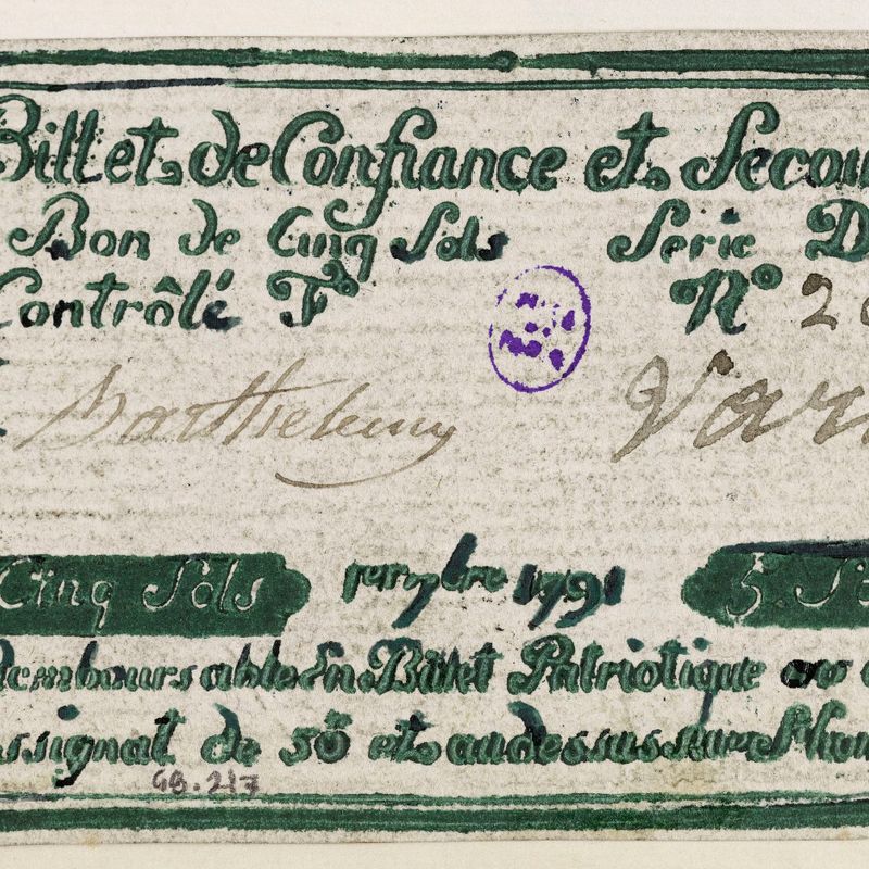 Billet de confiance et de secours de 5 sols, caisse de confiance du 695 rue Saint-Honoré, série D, n° 20, 1er 7bre 1791