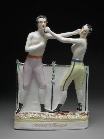 Boxers: in pink and yellow breeches, respectively Staffordshire figure group