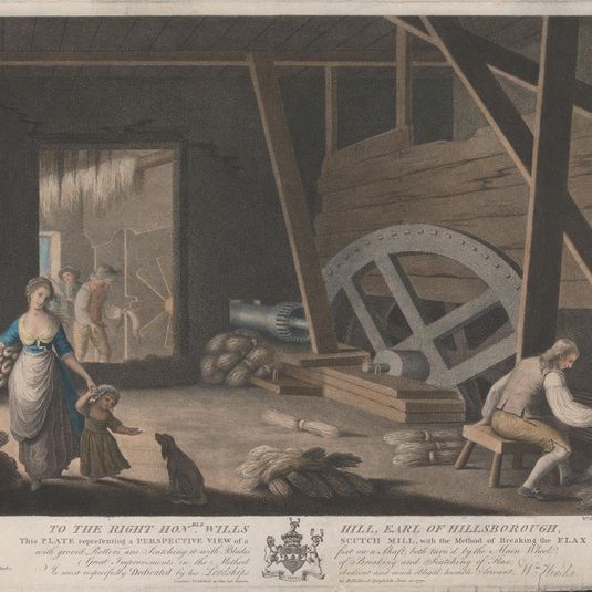 Plate V: A Perspective View of a Scutch Mill, with the Method of Breakng the Flax with groved Rollers, and Scutching it with Blades first on a Shaft, both turn'd by the Main Wheel, Great Improvements in the Method of Braking and Scutching of Flax