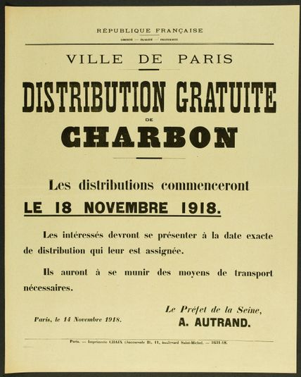 REPUBLIQUE FRANCAISE/ LIBERTE - EGALITE - FRATERNITE/ VILLE DE PARIS/ DISTRIBUTION GRATUITE/ DE/ CHARBON