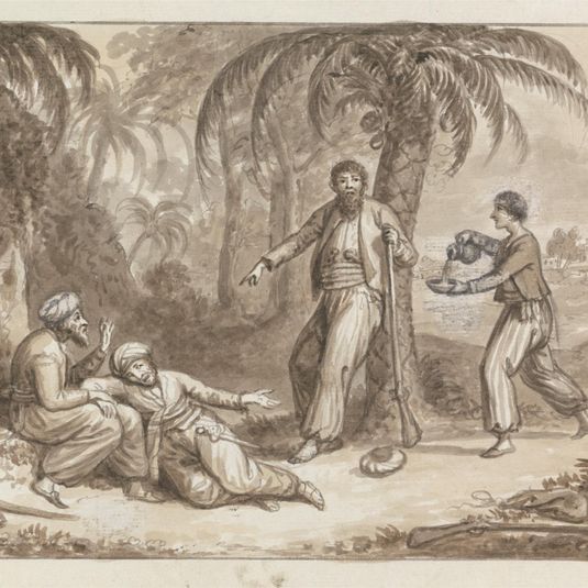 A Servant Bringing Water to Three Hunters