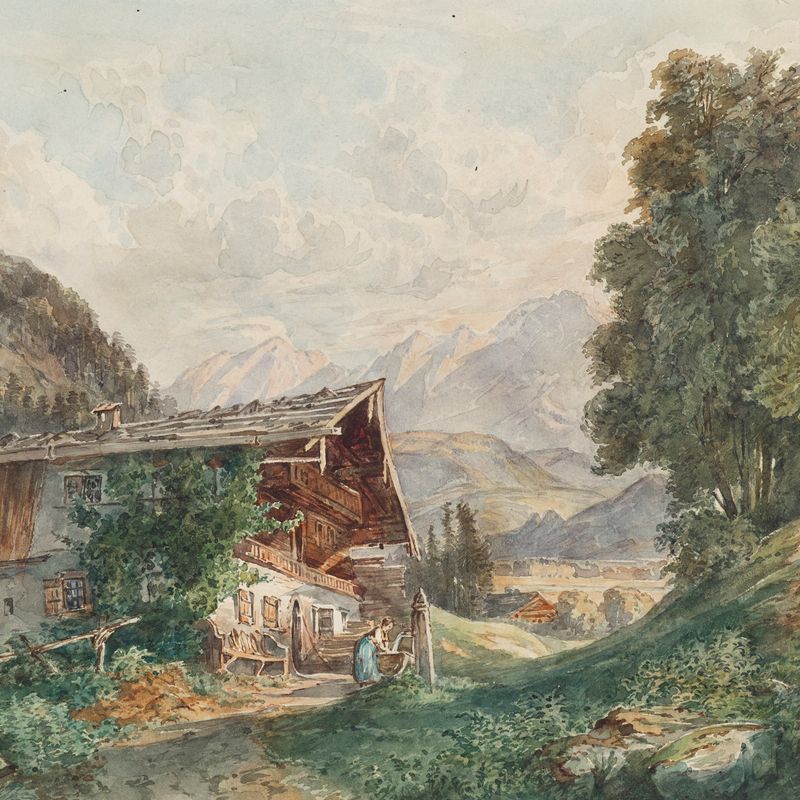 Alpenlandschaft mit Bauernhaus und Frau am Brunnen