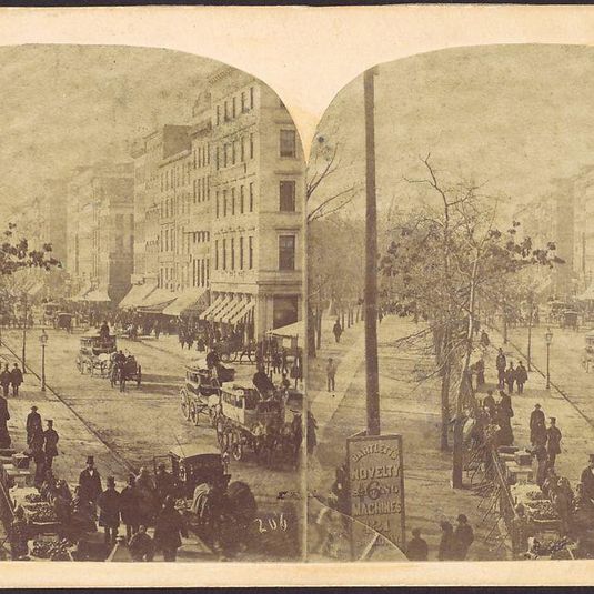 [Broadway with horse-drawn carriages]
