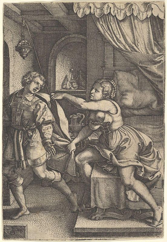 Joseph strides away from Potiphar's wife, who clutches his cloak with both hands as she straddles the corner of a bed, from the series 'The Story of Joseph'