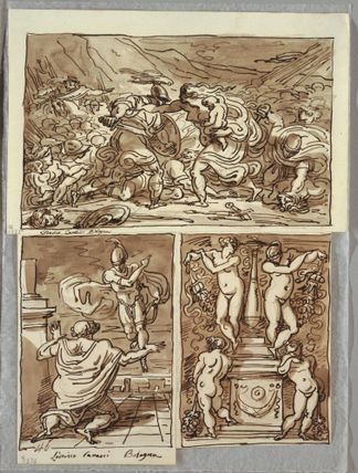 The Battle Between the Romans and the Sabines; Apparition of Romulus to Proculus, Two Studies after the Carracci; Candelabrum