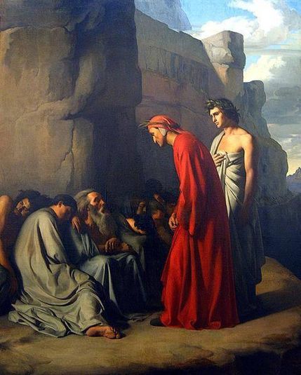 Dante, guidato da Virgilio, offre consolazione alle anime degli invidiosi