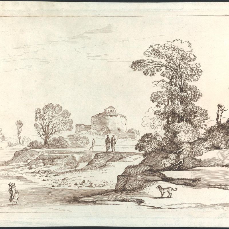 Two People Fording a River, Dog on Riverbank, Round Building in Middle Distance