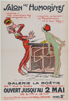 SALON DES HUMORISTES/ GALERIE LA BOËTIE [sic]/ 64 bis Rue la Boëtie [sic] " Métro St Philippe du Roule"/ OUVERT JUSQU'AU 2 MAI/ DE 9 Heures A 19 Heures