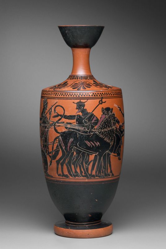 Black-figure lekythos showing Apollo mounting a chariot drawn by lions, a wolf, and a boar
