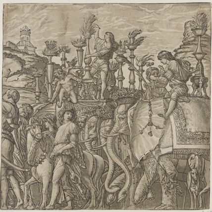 Le Triomphe de Jules César d'après Mantegna, Les trompettes, les taureaux sacrificiels, les éléphants (Bartsch, tome XII, section 6, n°11)