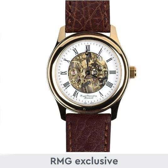 Royal Observatory Greenwich Skeleton Gold Plate Watch with Brown Strap Royal Museums Greenwich