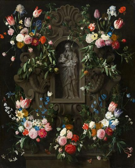 Bloemencartouche met Mariabeeld