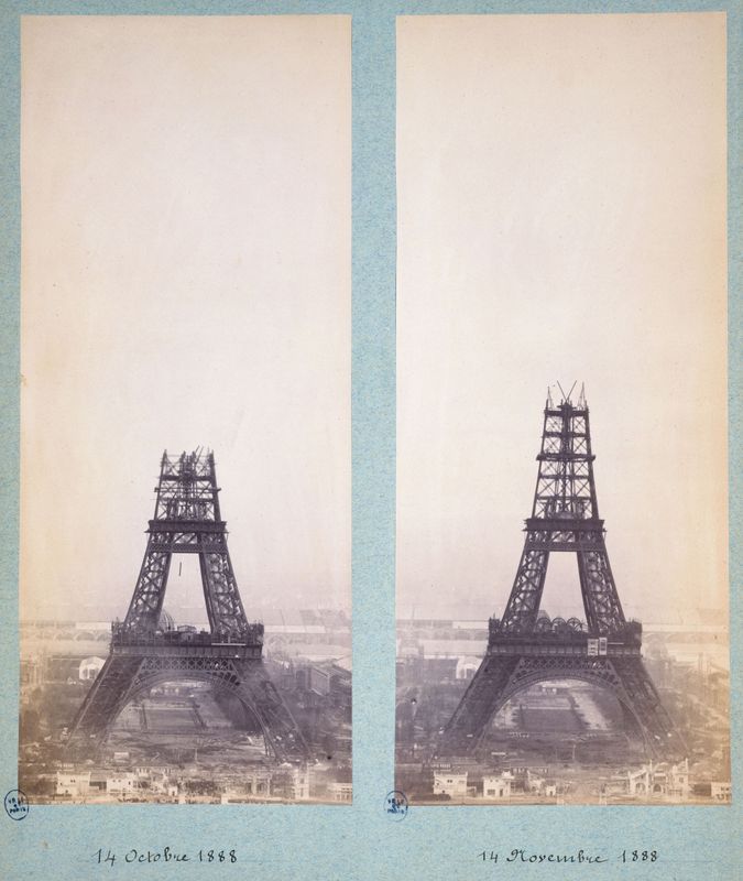 Construction de la tour Eiffel pour l'Exposition universelle de 1889. Vue du Champs-de-Mars photographié depuis l'une des tours du palais du Trocadéro, 7ème arrondissement, Paris. 14 octobre 1888.