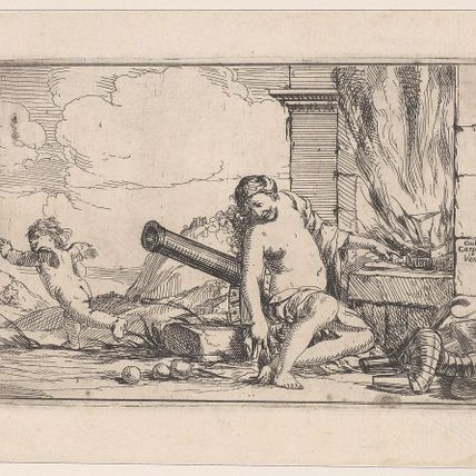 Fire, represented by Venus seated before Vulcan's forge, with armor, a cannon, and cannon balls surrounding her, she turns her head toward Cupid, who stretches his body away from her, from "The Elements"