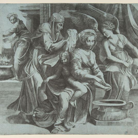 The Virgin washing the Christ Child accompanied by figures and an angel at right