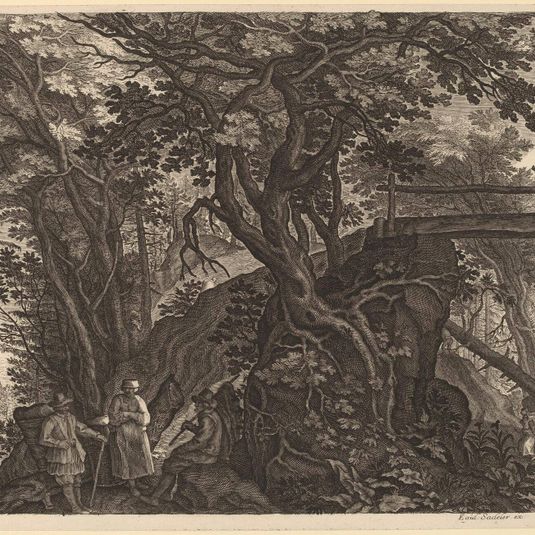 Forest Landscape with Two Men and a Woman Resting near a Bridge