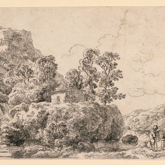 Landscape with House Near a Waterfall