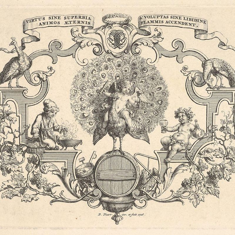 Epithalamium, at center a winged putto seated on a peacock standing on a barrel, at left a figure in fur-lined hat and outercoat holds a piece of wood over a brazier, at right a figure dressed in an ivy crown holds a goblet in one hand and a bottle in the other, surrounded by scrollwork and grapevines