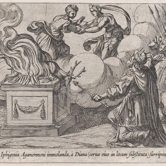 Plate 112: Agamemnon Sacrificing Iphigenia (Iphigenia Agamemnoni immolanda, à Diana (cerva eius in locum substituta) surripitur), from Ovid's 'Metamorphoses'