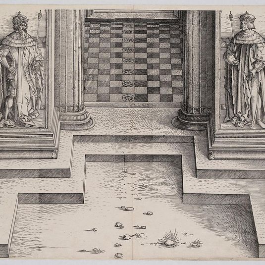 The Pedestal of the Central Portal with Figures of Two Archdukes of Austria, from the Arch of Honor, proof, dated 1515, printed 1517-18