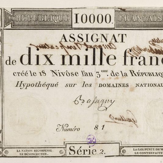 Assignat vérificateur de 10000 francs, série 2., n° 81, 18 nivôse an 3