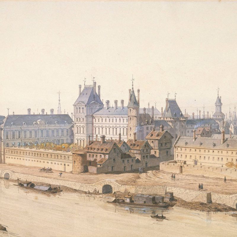 Le Louvre et le Petit Bourbon sous Louis XIII (1622), entre le port Saint-Nicolas et le port aux Passeurs, rues d'Autriche (d'Hosterische) et des Poulies. Composition rétrospective