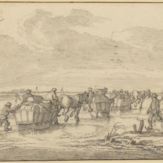 A Scene on the Ice with Skaters and Wagons