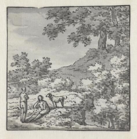 Twee figuren met een hond in heuvelachtig landschap