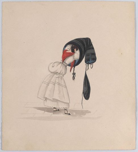 A woman putting on her saya, viewed from behind, from a group of drawings depicting Peruvian costume