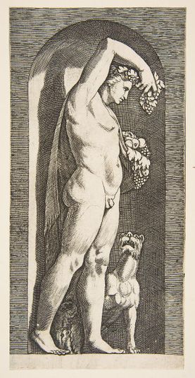 Bacchus standing in a niche holding grapes in his raised right hand, fruit in his left hand, a dog lower right