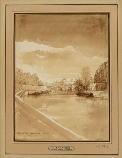 Le petit bras de la Seine vu vers l'aval des environs du pont Saint Michel : le pont Neuf et le Louvre, 1874