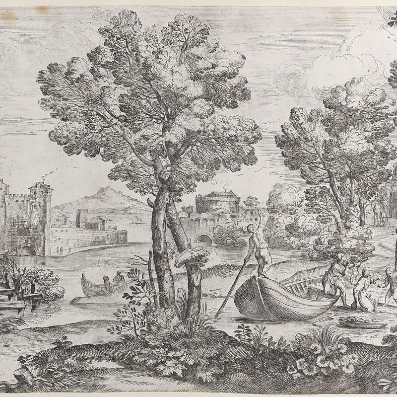 Landscape with a man holding a snake to a terrified child, watched by a fashionably dressed couple on the riverbank at right