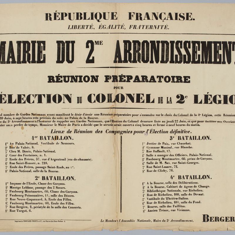 REPUBLIQUE FRANCAISE./ LIBERTE, EGALITE, FRATERNITE./ MAIRIE DU 2me ARRONDISSEMENT/ DE PARIS./ Election de trois Représentants du Peuple.
