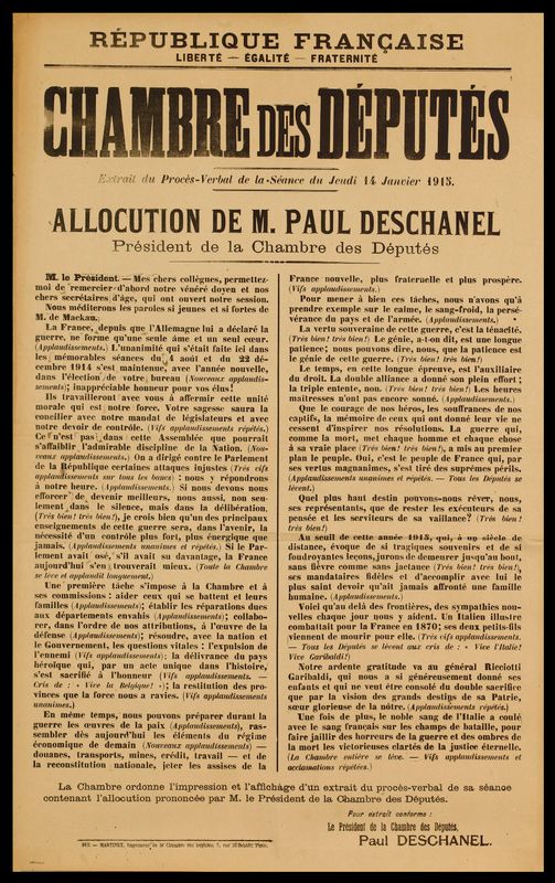 REPUBLIQUE FRANCAISE/ LIBERTE - EGALITE - FRATERNITE/ CHAMBRE DES DEPUTES/ Extrait du Procès-Verbal de la Séance du Jeudi 14 Janvier 1915