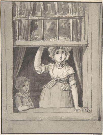 A Woman Standing at an Open Sash Window, a Small Boy Beside Her