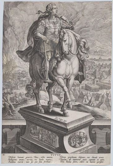 Plate 11: equestrian statue of Titus, seen three-quarters to the right, Mount Vesuvius erupting at left in the background, from 'Roman Emperors on Horseback'