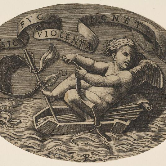 Eros escaping by sea using his bow to propel a boat made from his quiver with an arrow as the mast and his blindfold as the sail, a banderole above